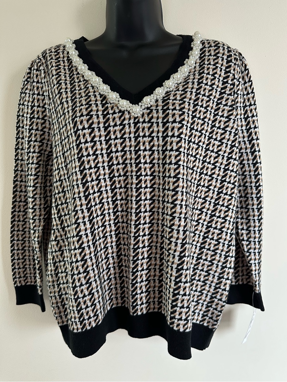 Charter Club Houndstooth Pearl-Neck Sweater, Size:L